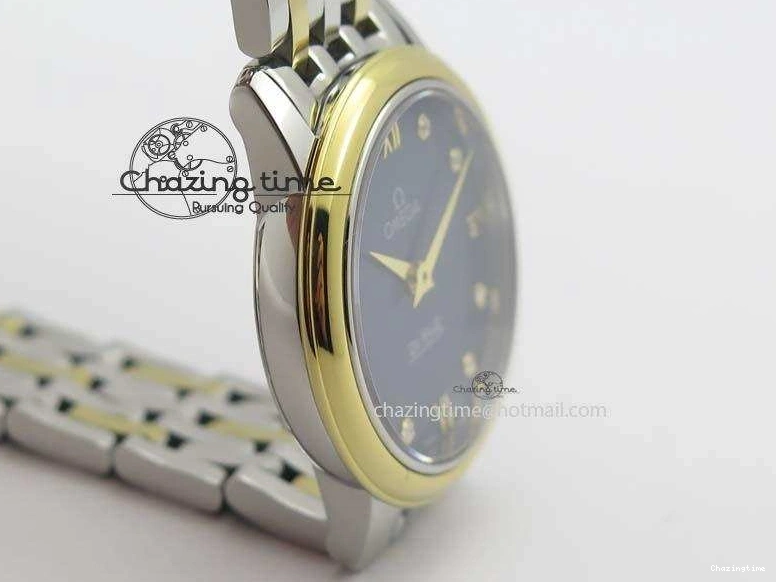0124 HighQuality De Ville 27mm SS YG Ladies MK 1:1 Best Edition Blue Dial Diamond Markers On SS Bracelet Ronda Quartz 8186